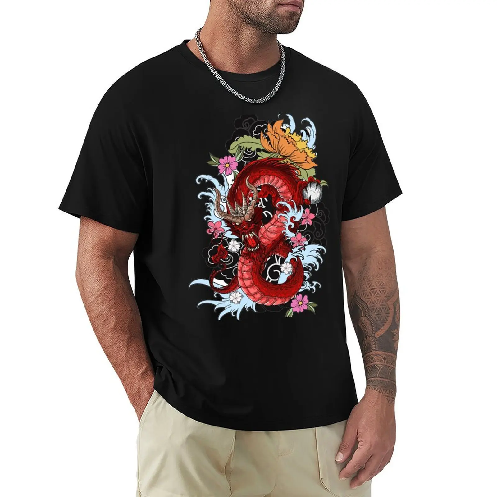 Red Dragon of the Red Sun T-Shirt Simple Line Art Print Tee