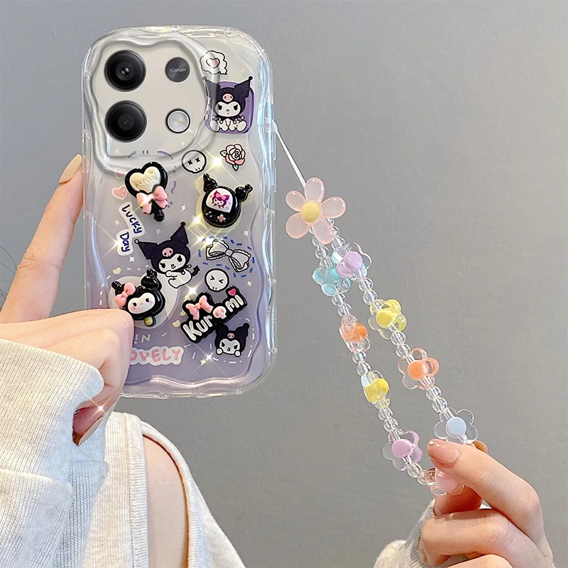 Etui na telefon 3D Kuromi Cartoon do Samsung Galaxy A15 A14 A13 A54 A34 A53 A23 A52S A20 A30 z łańcuszkiem na nadgarstek Cute Bear Cover Fundas