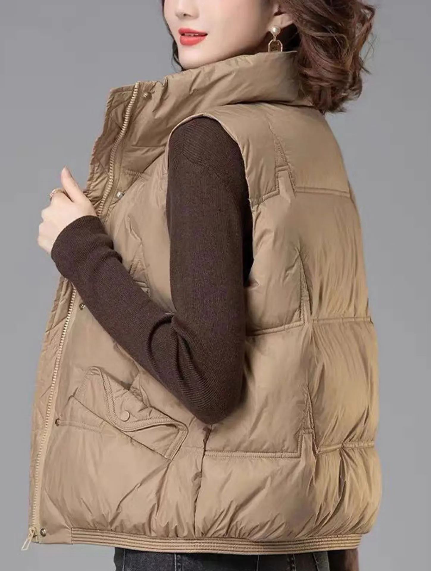 

Женский пуховый хлопковый жилет, свободный тонкий воротник-стойка, осенне-зимняя модная верхняя одежда, куртка обычной длины, застежка-молния