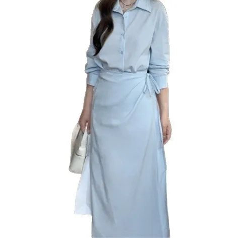 Vestido de roupa de alta qualidade para mulheres 2025 início do outono design falso camisa de duas peças vestido saia longa para mulheres