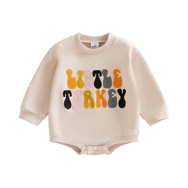 0-24months Baby Boy Girl Thanksgiving Romper with Letter Embroidery Long Sleeve Sweatshirt Bodysuits for Infant