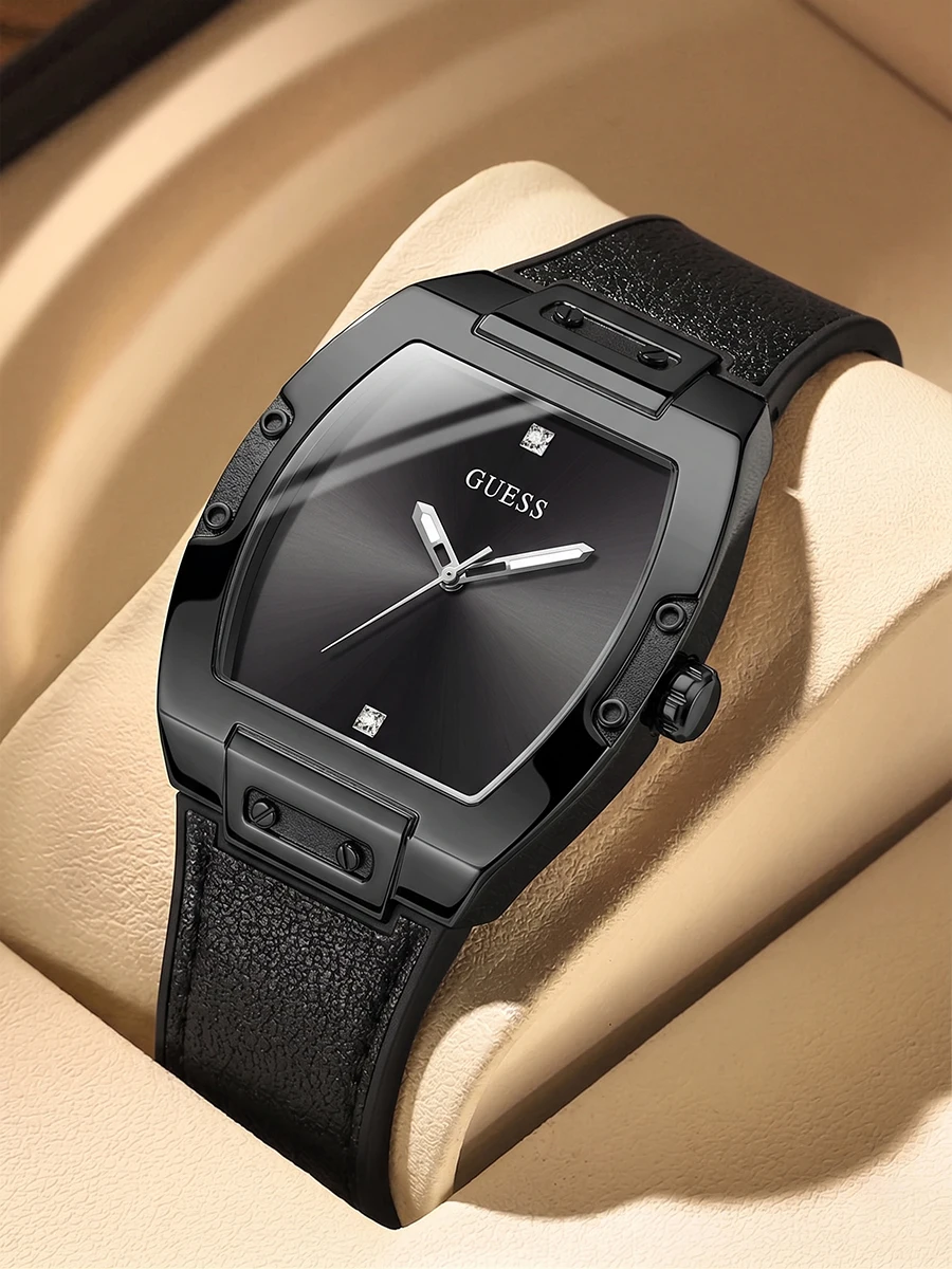

GUESS GW0386G1 Mens Watches Tonneau Black Dial Quartz Analog Leather Silicone Strap Waterproof Sport Fashion Wristwatch