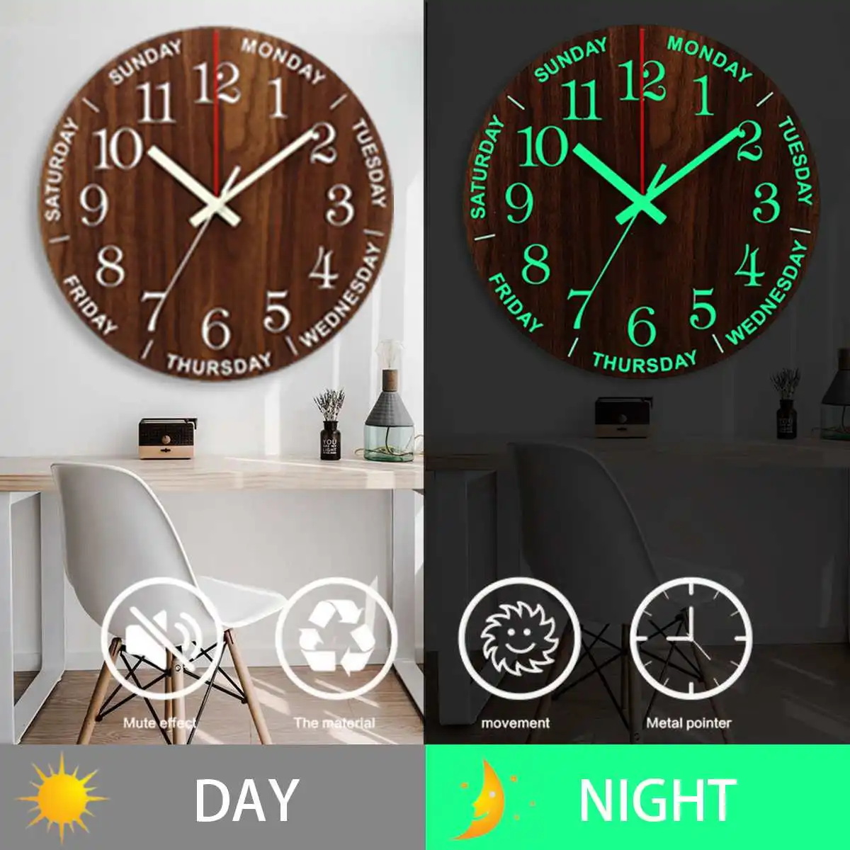 

12 Inch Luminous Wall Clock Wood Silent Light in Dark Night Living Room Decoration Wall Clock Non Ticking Clock With Night Light