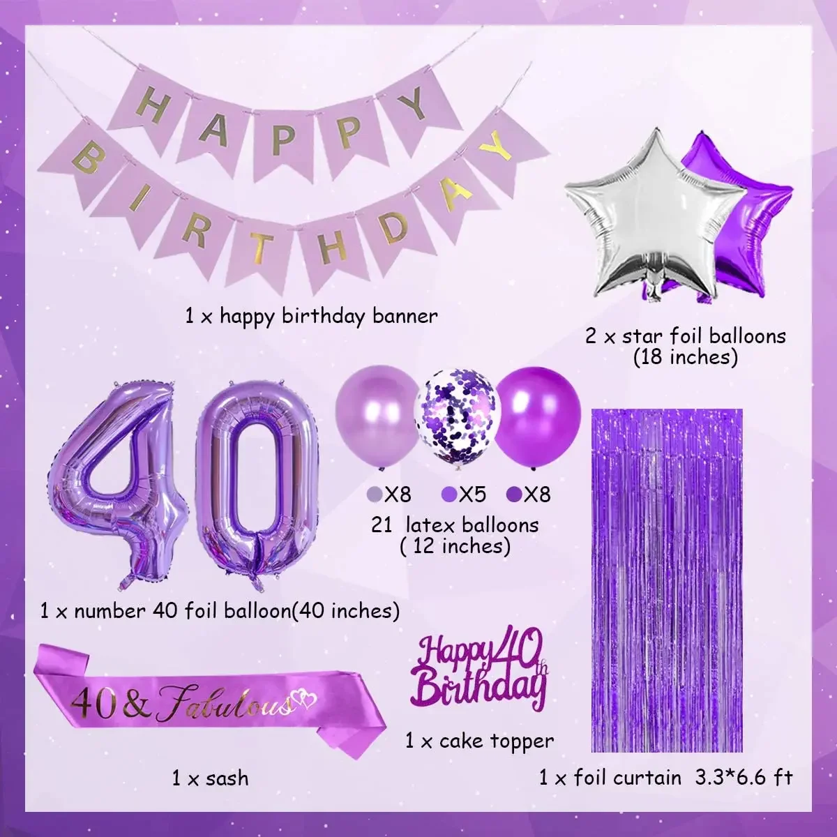 Purple 40th Birthday Party Decorations for Women with Purple Number 40 Balloon Happy 40th Birthday Cake Topper 40 Fabulous Sash