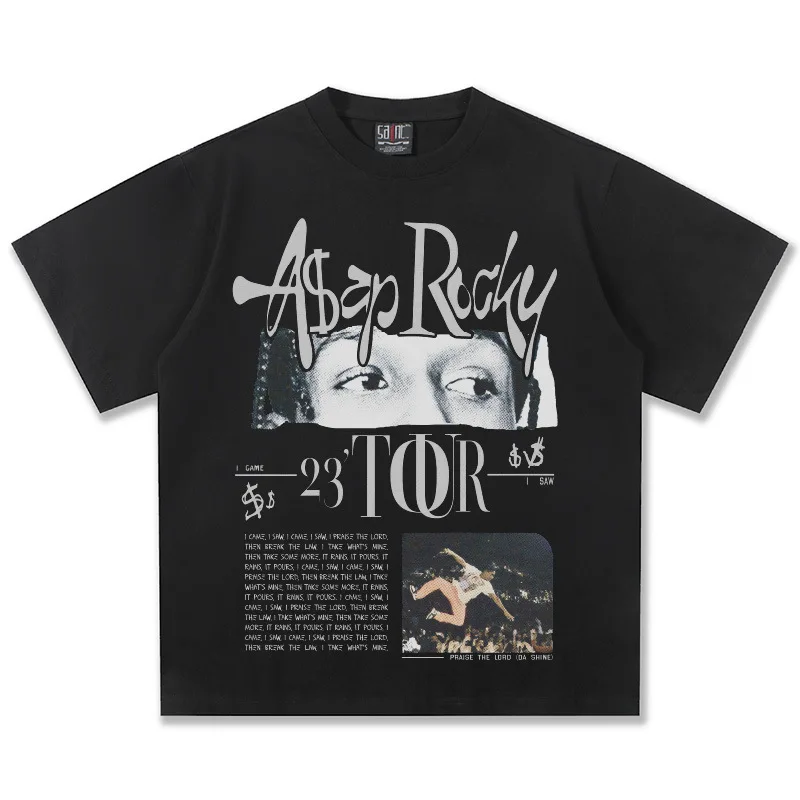 

Лето 2023, винтажная брендовая футболка Rocky American Street Washed с прямым распылением, хлопковая футболка с короткими рукавами