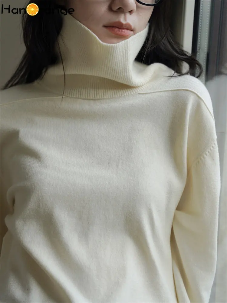 HanOrange 2024 Winter Simple Turtleneck Knit Undercoat Lightweight Warm Lazy Women Thick Top Black/Off White/Olive Green