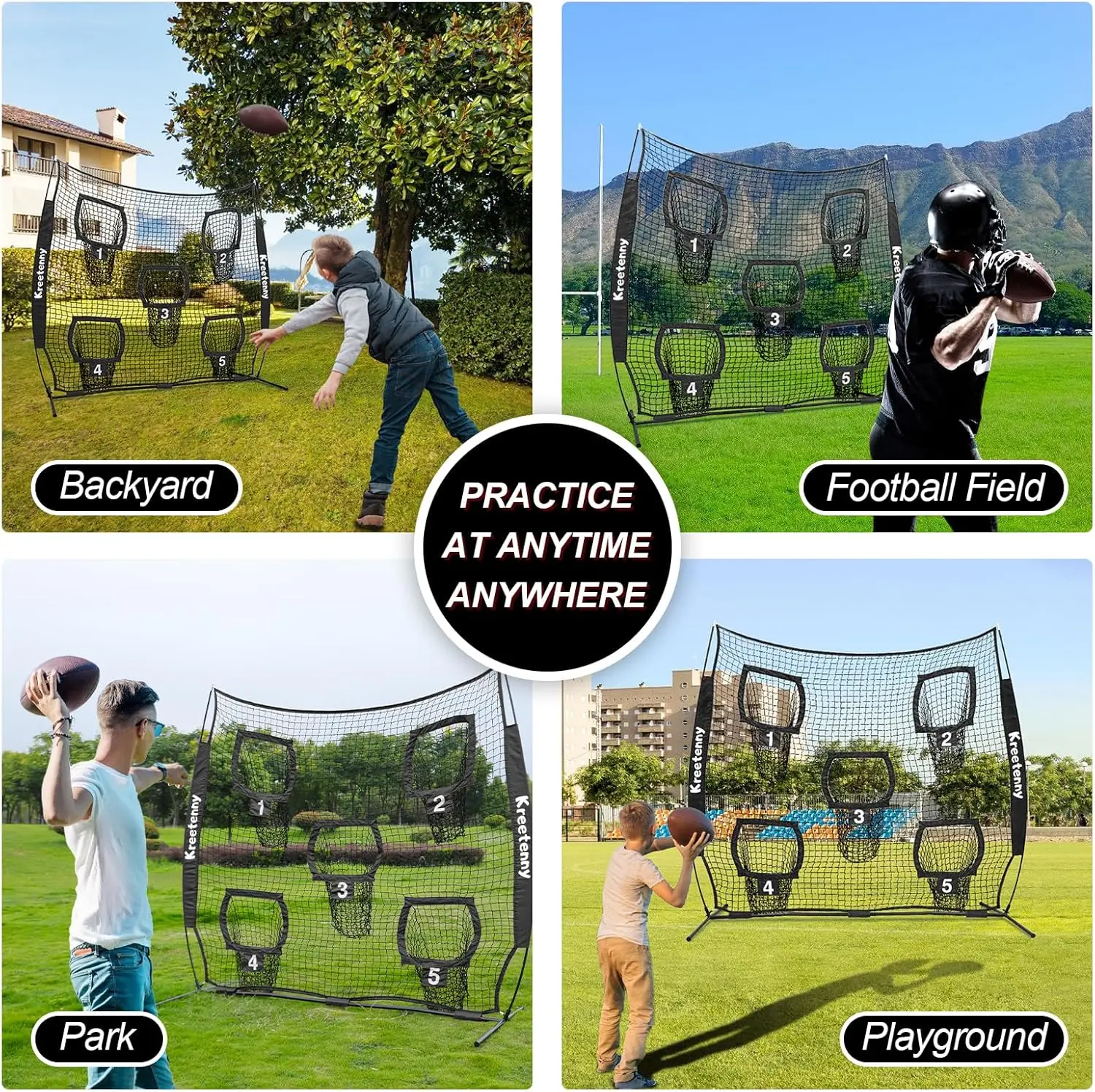 Jaring Target Lempar Quarterback 7 X 7 kaki untuk Latihan Sepak Bola dengan 5 Kantong