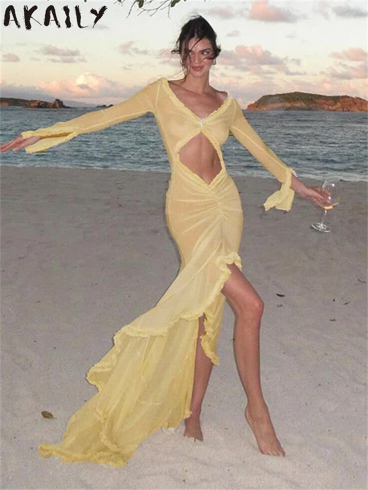 Akaily Summer Yellow Hollow Out Mesh Flounce Long Dresses Beach Holiday Outfits Woman 2024 Sexy See Through Evening Party Robe