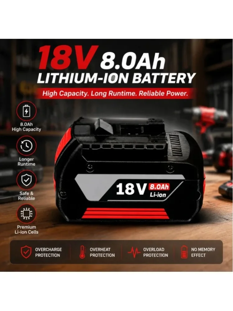 18V 8,0Ah Lithium-Ionen-Ersatzakku Kompatibel mit Bosch 18V Akku-Werkzeugen, Hochleistungs-Akku mit Mehrfachschutzsystem