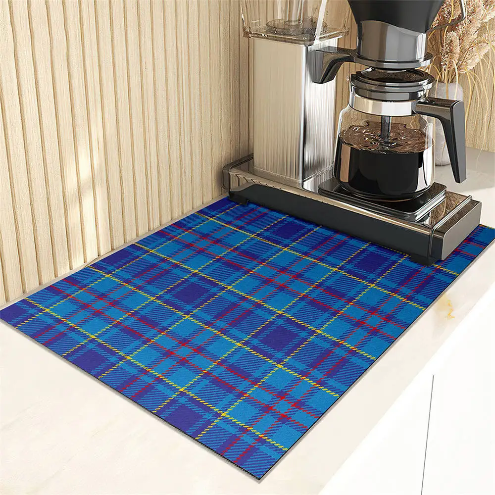 Vintage Colorful Plaid Lines Dish Drying Mat Super Absorbent Kitchen Counter Drain Pad Tableware Cup Bottle Sink Waterproof Mat