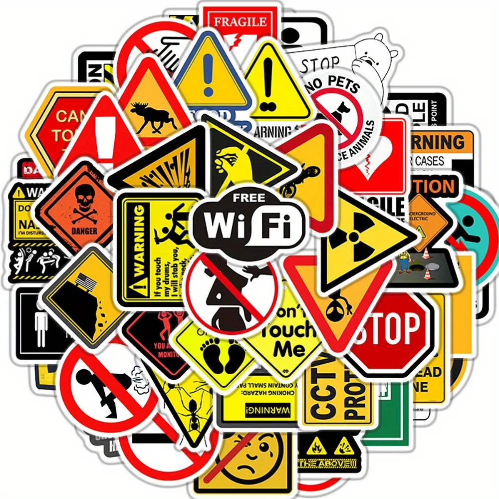 

50 шт. предупреждающие наклейки, запрещающие опасности, скейтборд, холодильник, гитара, ноутбук, мотоцикл, путешествия, классическая игрушка, крутые наклейки, наклейка