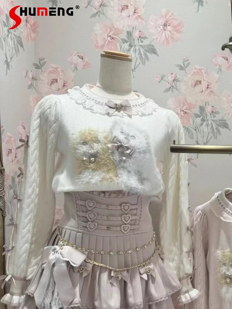 

Винтажный милый трикотаж в японском стиле для девочек, топы, плюшевые свитера в стиле Лолиты с вышивкой мультяшного кота, женский вязаный пуловер