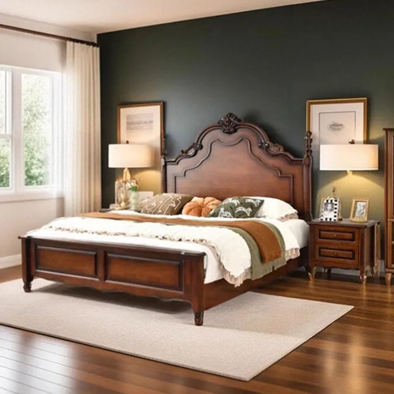 Cama de Diseño Único Europeo Tipo Castillo, Tamaño King Size, Estilo Nórdico Simple, Cama de Lujo para Dormitorio Queen, Cama de Madera, Muebles Únicos