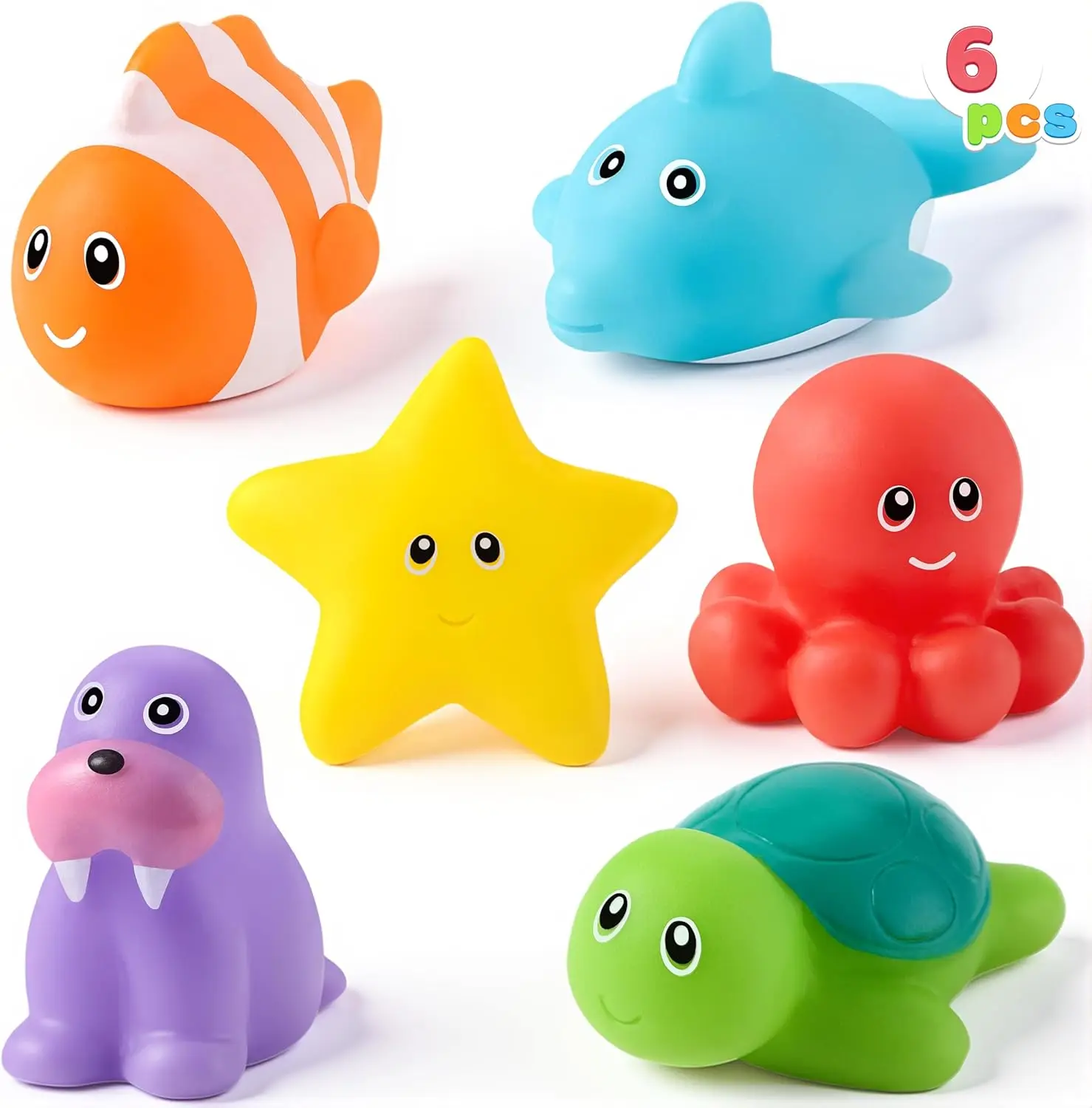 

6 Pcs Sea Animal Bath Toys, No-Hole Mold Free, Soft & Squeezable, Float on Water, Safe for Kids