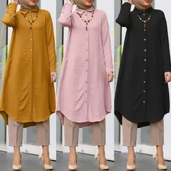 Autumn Women Tops with Button Islamic Clothing Ramadan Morocco Abaya Prayer Clothes for Woman Casual Solid Long Shirt Arabic