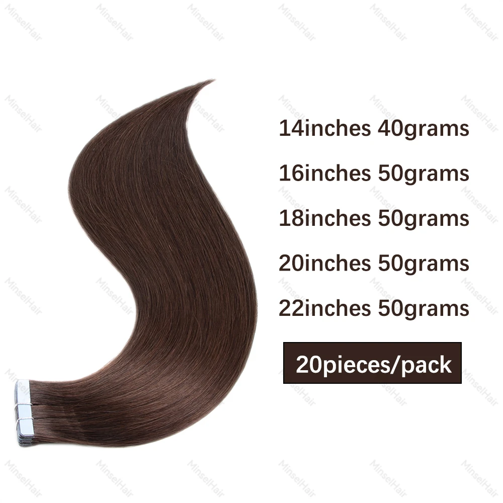 Extensão de fita russa marrom, cutícula de cabelo humano alinhada, remy, fita adesiva invisível europeia no cabelo, 20 peças, 14-22 polegadas, 40/50g
