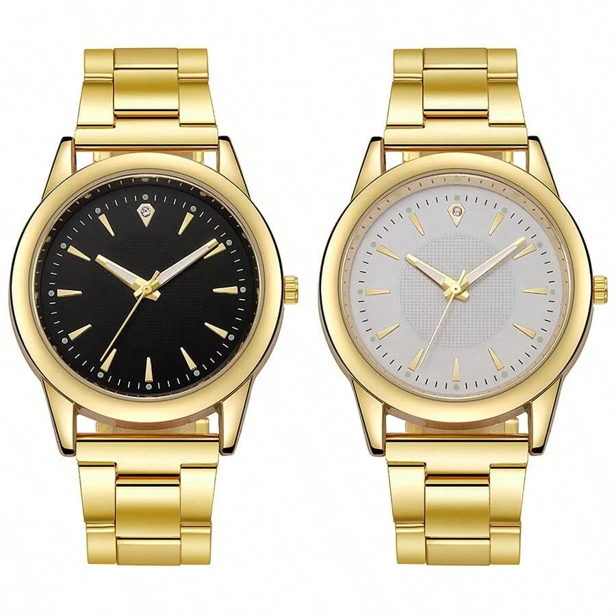 2PCS Fashion Gold Luxury Couple Watch Fashion Temperament Exquisite Alloy Strap Quartz Watch Couple Fashion Watch