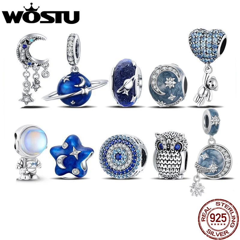 WOSTU Real 925 Sterling Silver Blue series moon Plane Space Beads Astronaut Charm Owl Pendant Fit Original Bracelet DIY Necklace