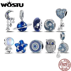 WOSTU Real 925 Sterling Silver Blue series moon Plane Space Beads Astronaut Charm Owl Pendant Fit Original Bracelet DIY Necklace