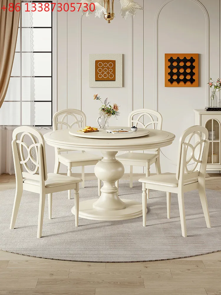 

French cream style solid wood round dining table American simple household white dining table with turntable