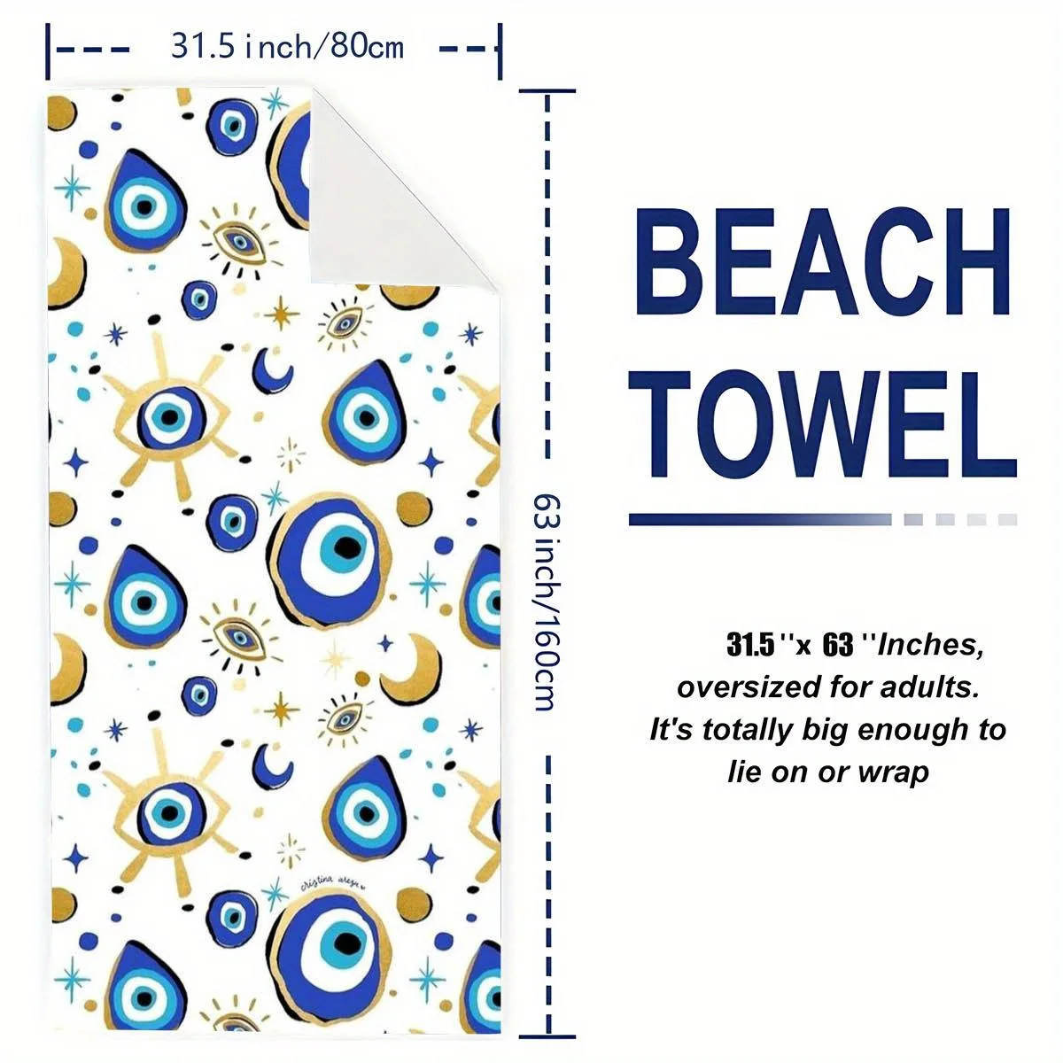 1pc Ultra-Absorbent Moon, Star & Evil Eye Beach Towel-Luxuriously Soft, Fashionable Pool & Beach Accessory-Trendy Print