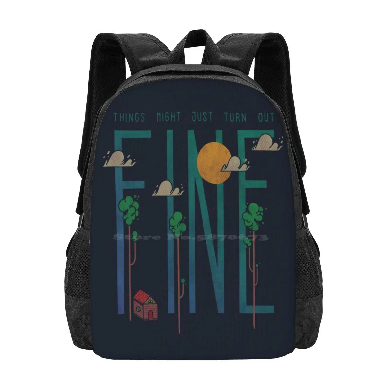 Breathe Pattern Design Bagpack School Bags Sun Fine Optimism Anxiety Cabin House Home Trees Clouds Type Typography Lettering