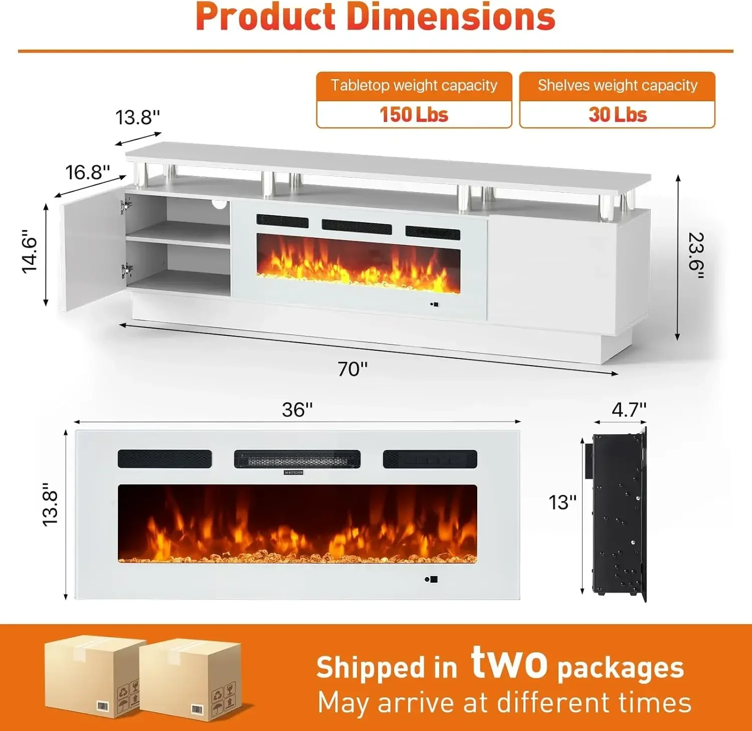 70 Fireplace TV Stand Modern Entertainment Center 36 Inch Electric Fireplace with Remote Control LED Light Fire Place Tv Stand
