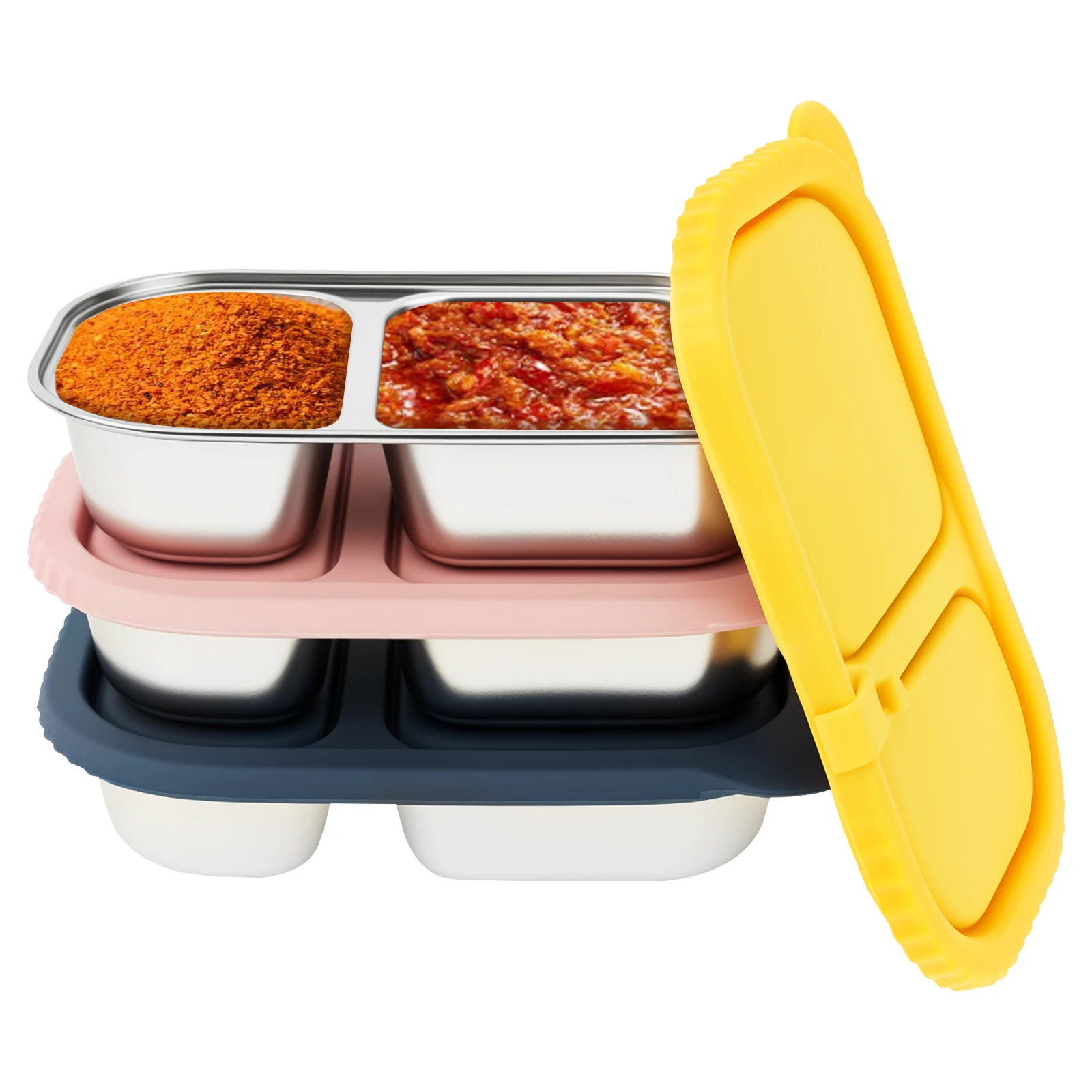 

3 шт., ланч-бокс из нержавеющей стали, 2 отделения, контейнер для соуса и закусок с силиконовой крышкой, портативный пикник, фруктовый салат, бенто