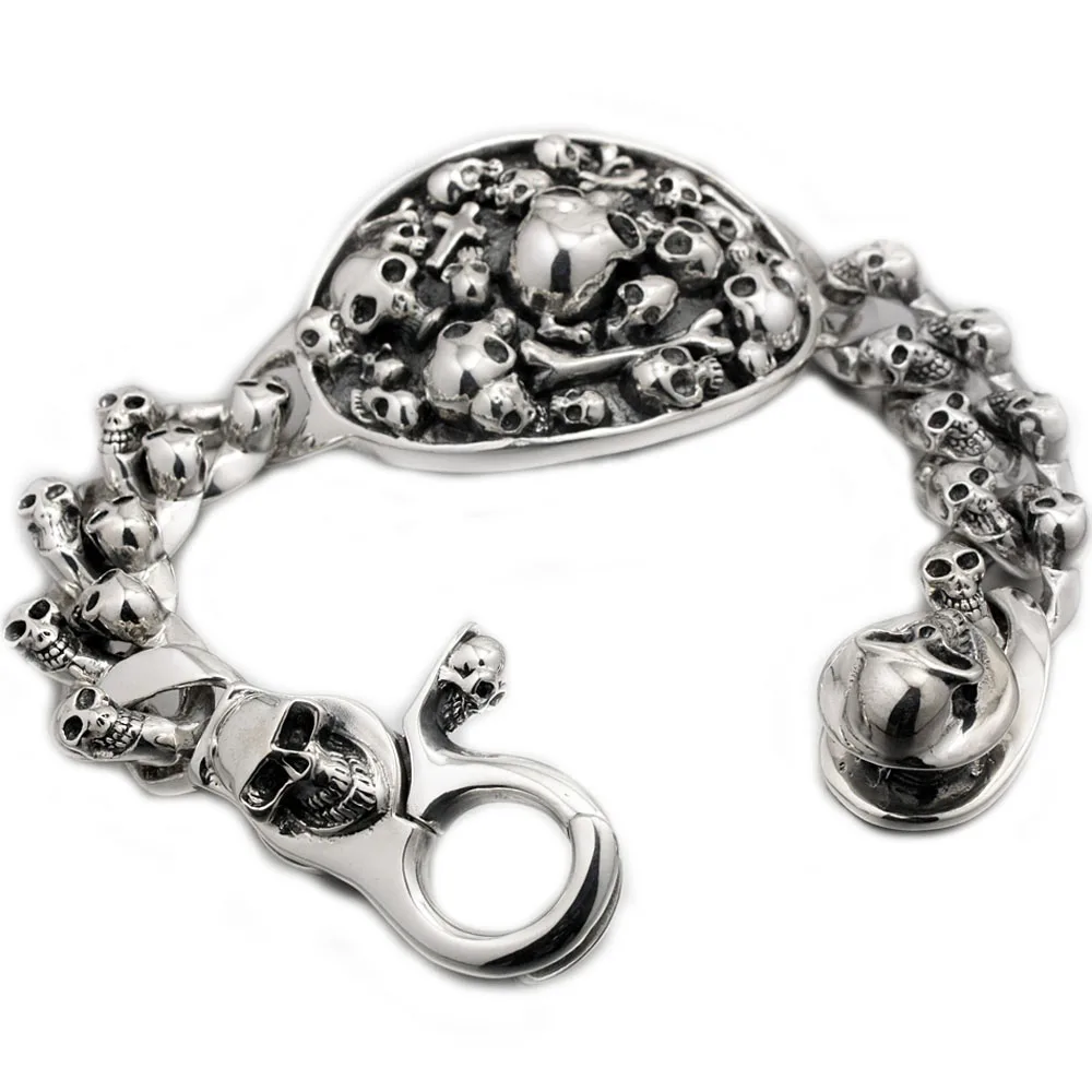 

925 Sterling Silver Huge Heavy Skulls Bracelet 8F011