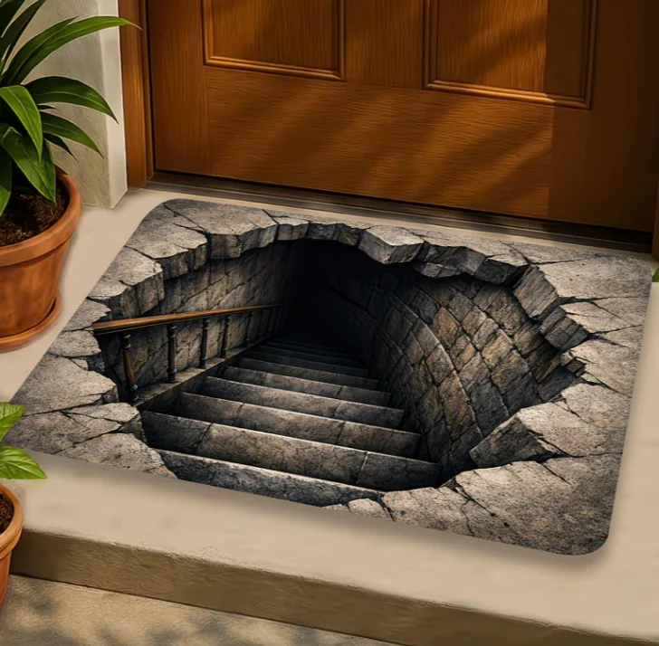 2D Flat 2D Stereoscopic Visual Staircase Entrance Door Mat Creative Illusion Entrance Rug, Non-Slip Clean Polyester Carpet