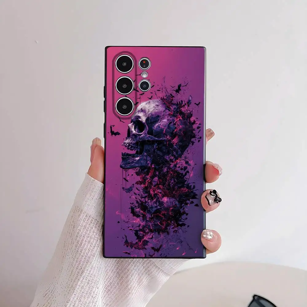 カラフルな骸骨とコウモリのスマホケース、Sシリーズ（S21、S22、S23、S24、S25、FE、Plus、Ultra）対応、TPU素材で肌に優しいソフトケース