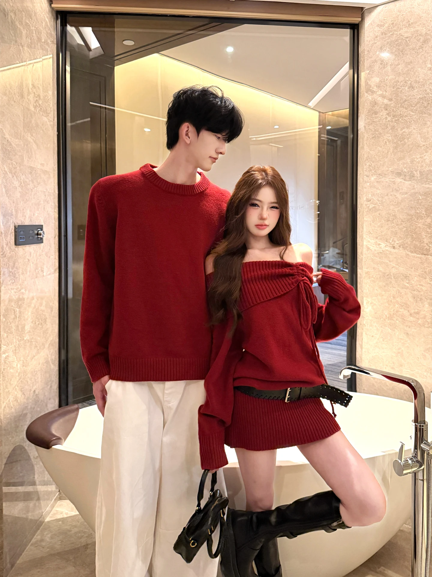 Couple's Knitted Sweater Dress Slim Fit Wrap Waist One Shoulder Design Autumn Winter New Year Soft Medium Gauge Long Sleeve