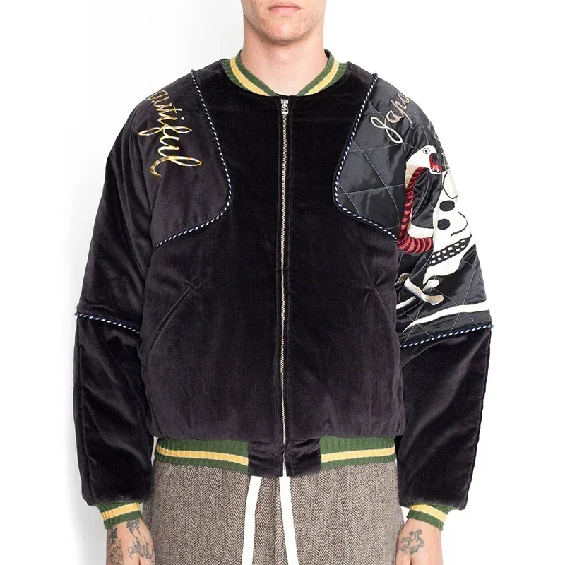 

Kapital Black Jackets Streetwear Embroidery Men Women 1:1 Best Quality Oversized Velvet Flight Jacket