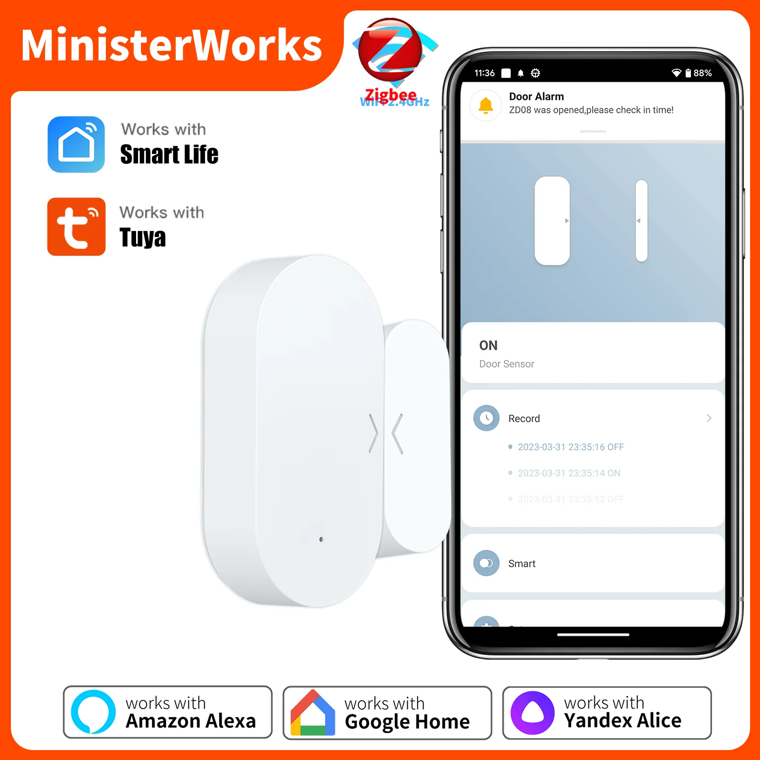 

Tuya ZigBee 3,0 умный датчик двери, окна, детекторы открытия и закрытия двери, умная домашняя охранная сигнализация для Alexa Google