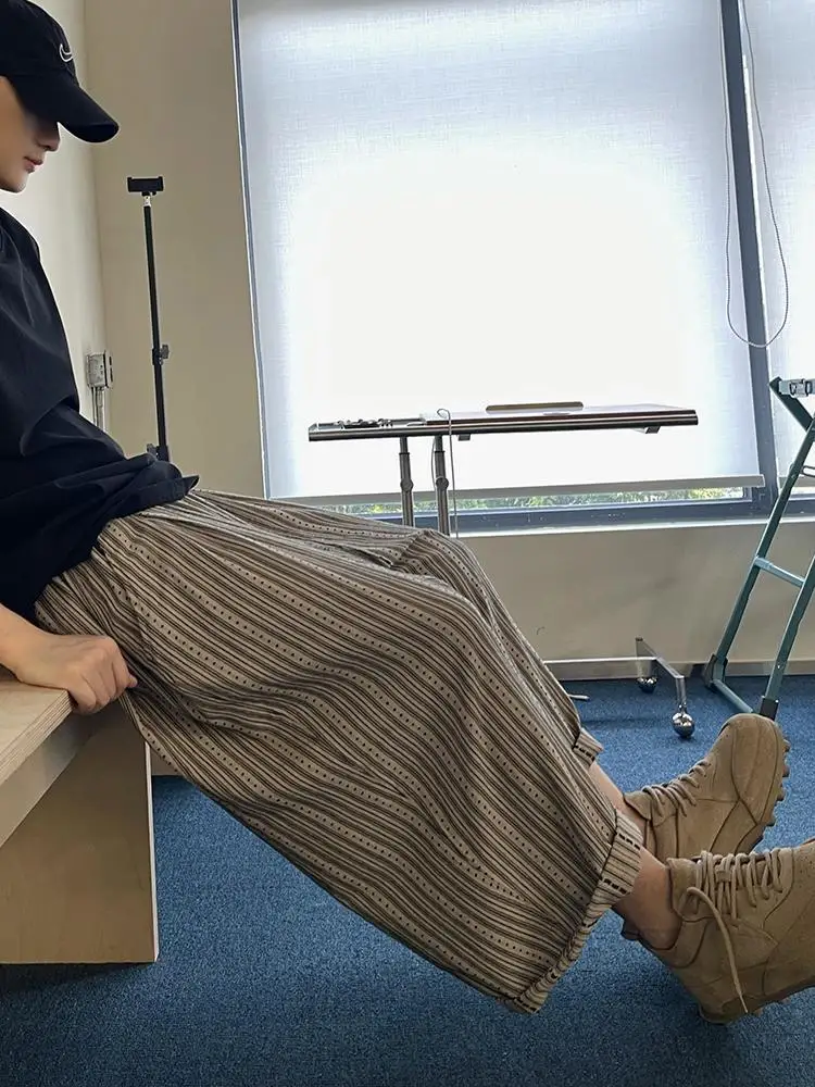 Men's Retro Vertical Stripes Thin Pants Summer Cool Boys Shorts Wide Leg Casual Bottom Male High Waist Calf-length Trousers