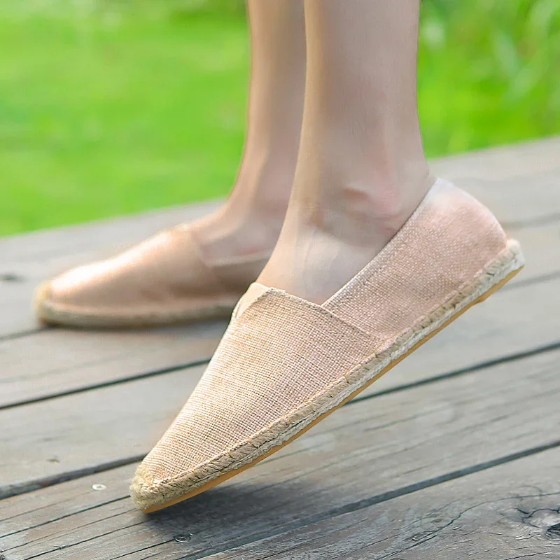 Женская льняная обувь для шитья, лоферы без шнуровки, повседневная обувь, мужские эспадрильи, туфли на плоской подошве из конопли, большие размеры, обувь для рыбака, обувь для вождения