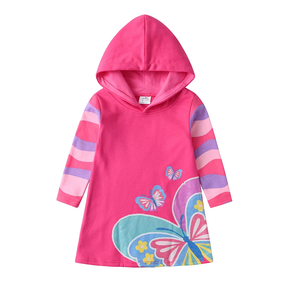 فستان VIKITA للفتيات باللون الوردي بغطاء للرأس للأطفال مخطط من القطن المستقيم فساتين يومية غير رسمية للأطفال فستان رياضي مطبوع عليه فراشات لامعة