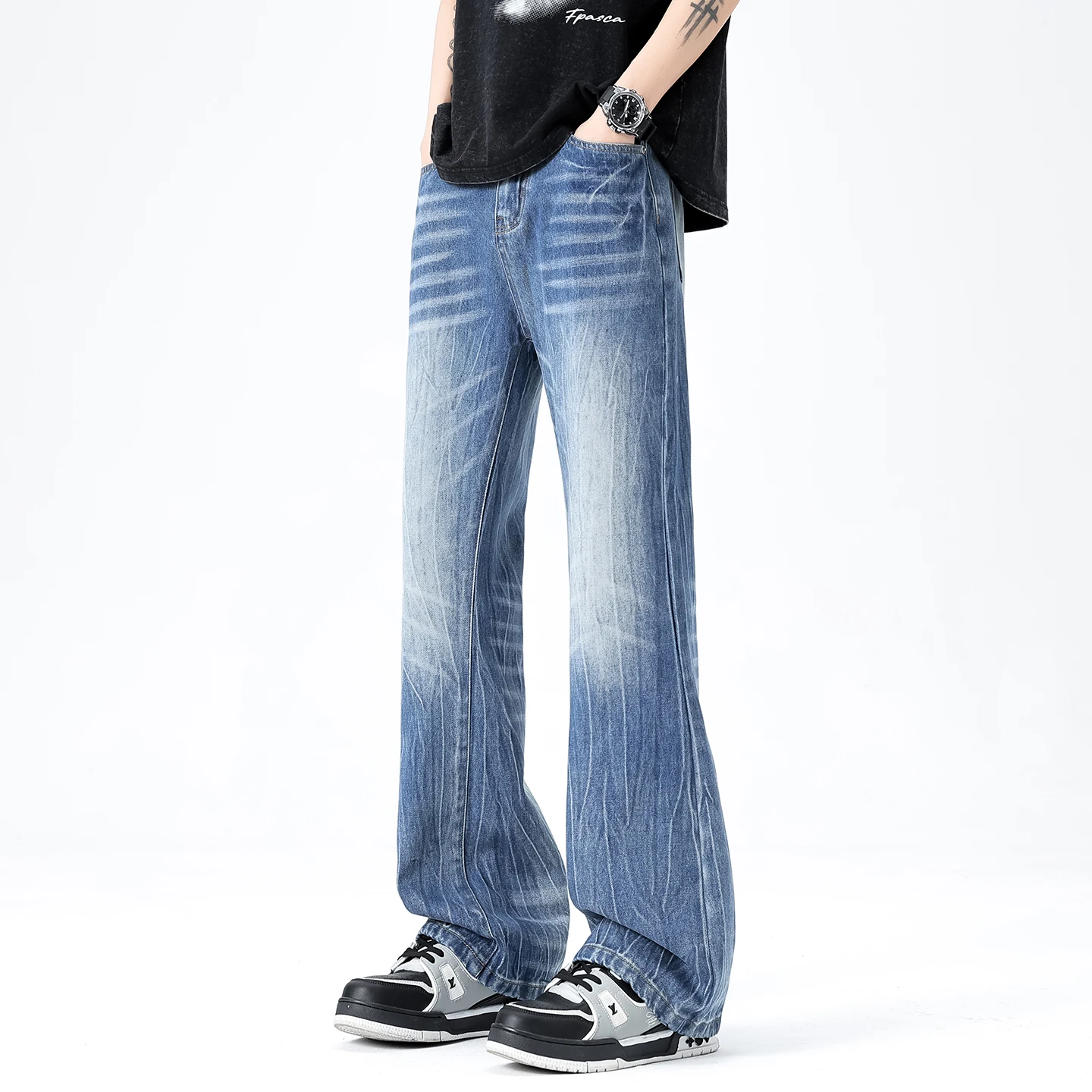 

Spring Summer Cotton Vintage Jeans Lightning Pattern Design Men Loose Straight Pants Casual Fashion Black Pants black Nostalgic