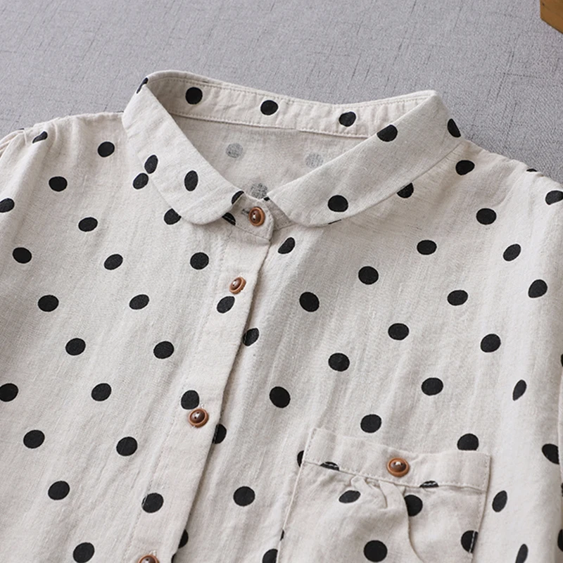 2024 New Spring Summer Dot Cotton Linen Blouse Shirt  Button Elegant Office Ladies Women Casual Loose Tops Temperament Blusas