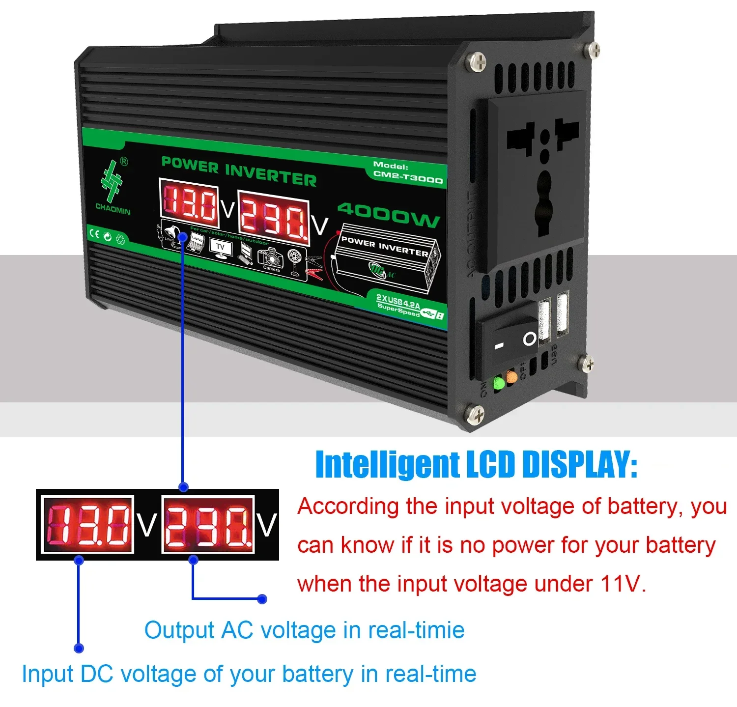 4000W Solar Inverter Portable Power Bank DC 12V to AC 110/220V Dual USB LCD Display Car Converter for Camping RV Universal Plug