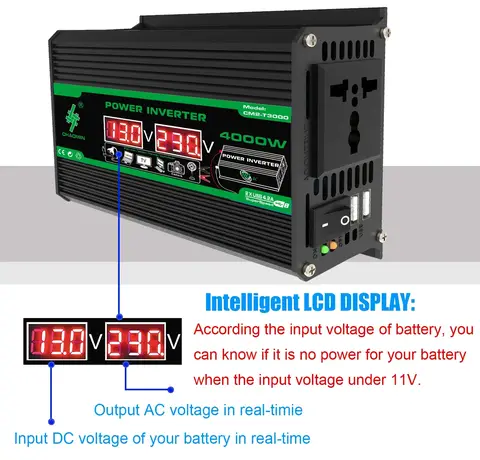 4000W Solar Inverter Portable Power Bank DC 12V to AC 110/220V Dual USB LCD Display Car Converter for Camping RV Universal Plug