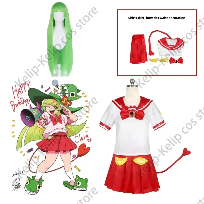 Anime Bienvenido a Demon School Iruma-Kun Valac Clara Cosplay peluca Jk uniforme zapatillas de tiburón mujer Sexy traje de fiesta de marinero