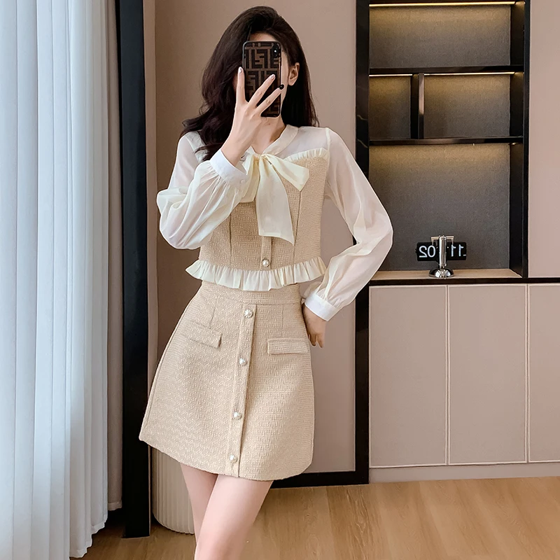 

Women Sets Blouses Patchwork Ruffles Skirts Mini Button Elegant Sweet Fashion Korean Spring Simple Casual Retro Outfits Hot Sale