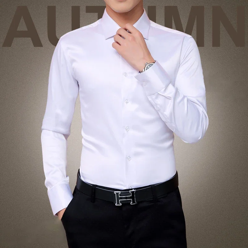 TFETTERS Hot Selling New Men's Luxury Shirts Wedding Party Dress Long Sleeve Shirt Silk Tuxedo Shirt Men Mercerized Cotton Shirt