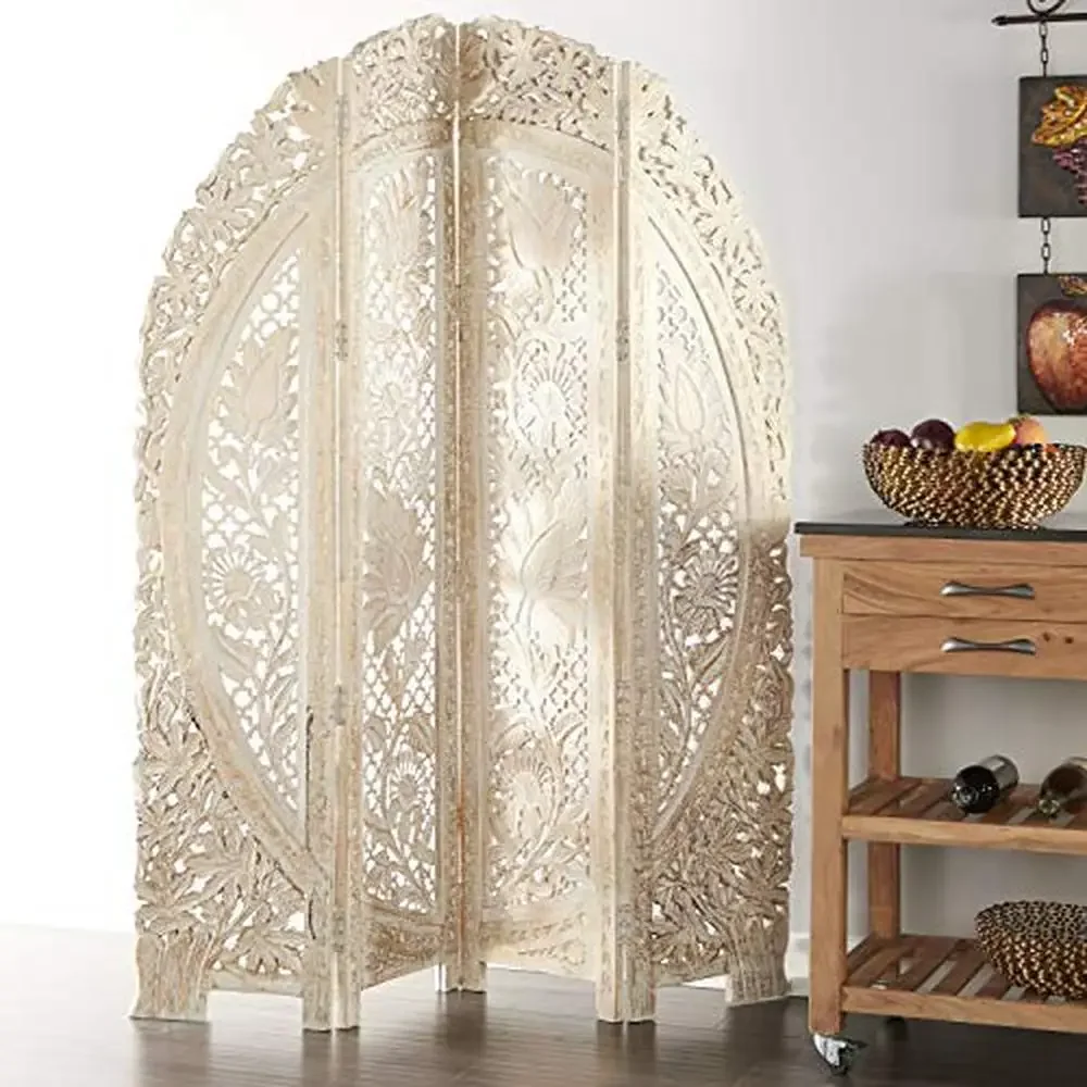 Handmade Wood Room Divider Screen 4 Panel Floral Carved Privacy Partition Arched Structure