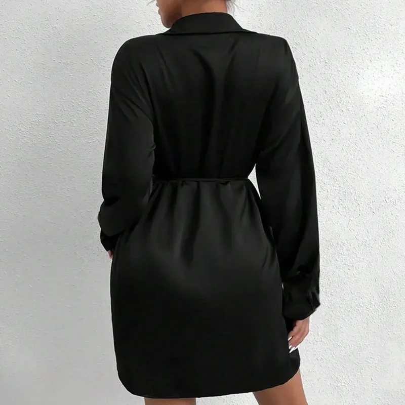 Nieuwe herfst lange mouw split boho mini-jurk damesmode turn-down kraag feestjurk lente effen vetersluiting slanke commuterjurk