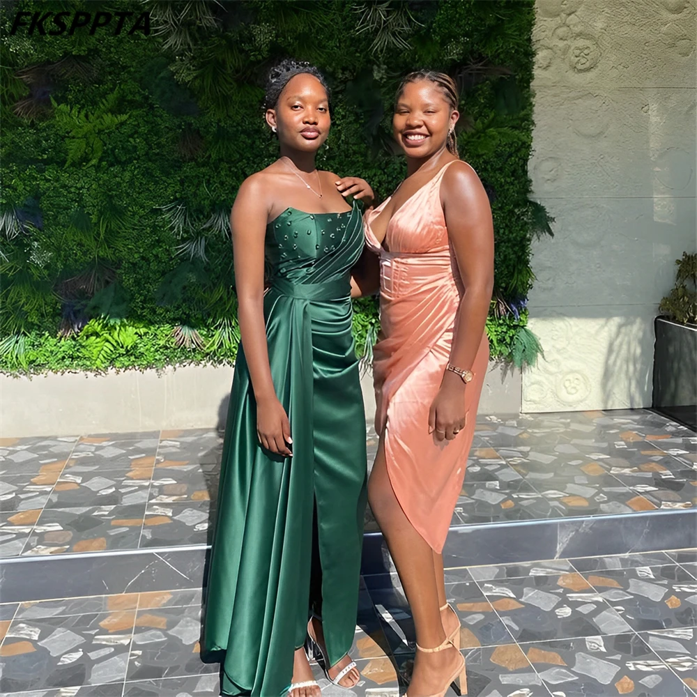 فستان سهرة أفريقي أخضر طويل مخصص لعام 2025 بفتحة جانبية مكشوفة الكتف أنيق بكريستال من الساتان للنساء فساتين مناسبة رسمية