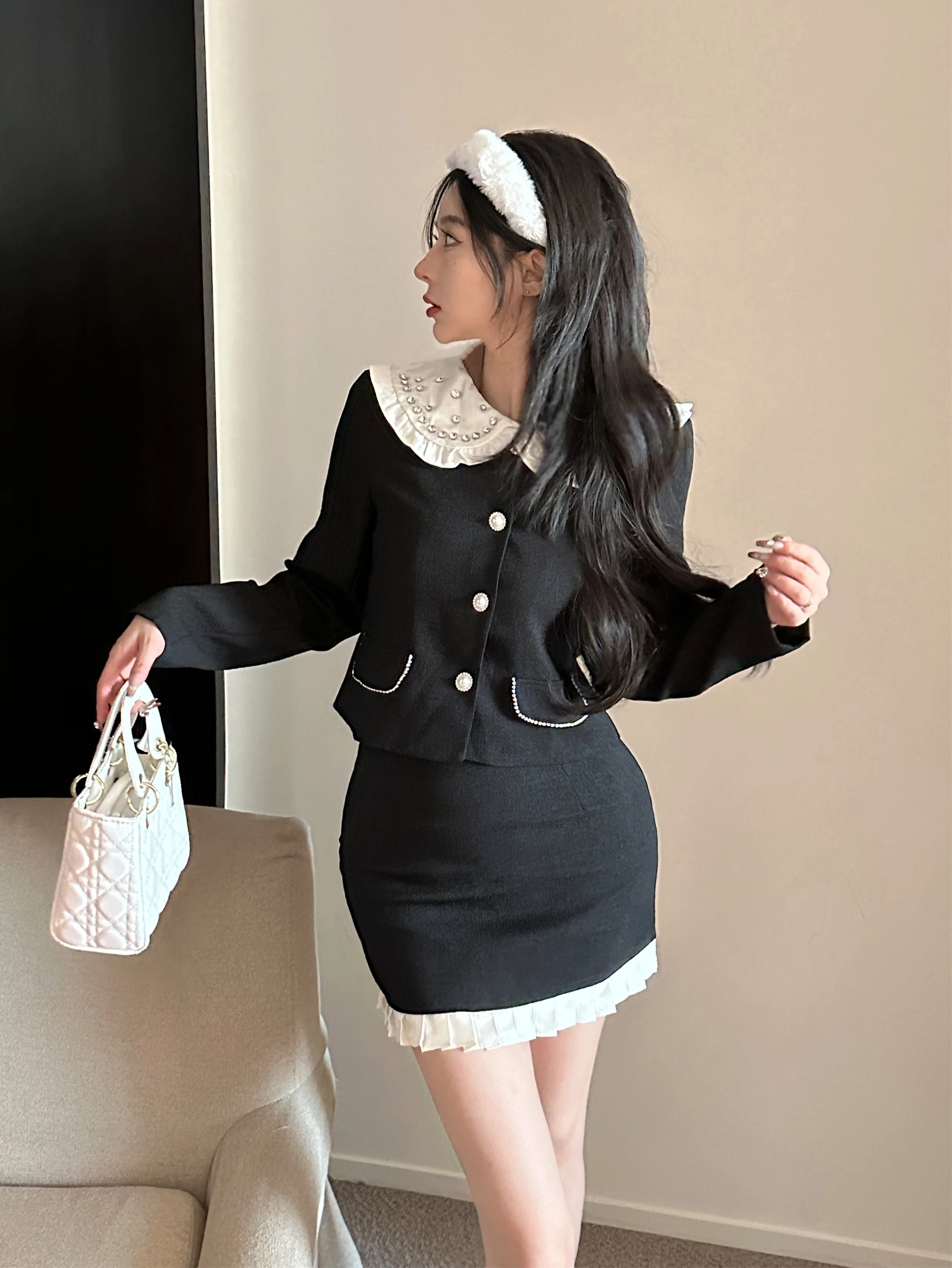 Plus Size Sweet Peter Pan Collar Coat Top for Women: Autumn Winter Curvy Girl Slimming A-line Skirt Elegant Set High Quality