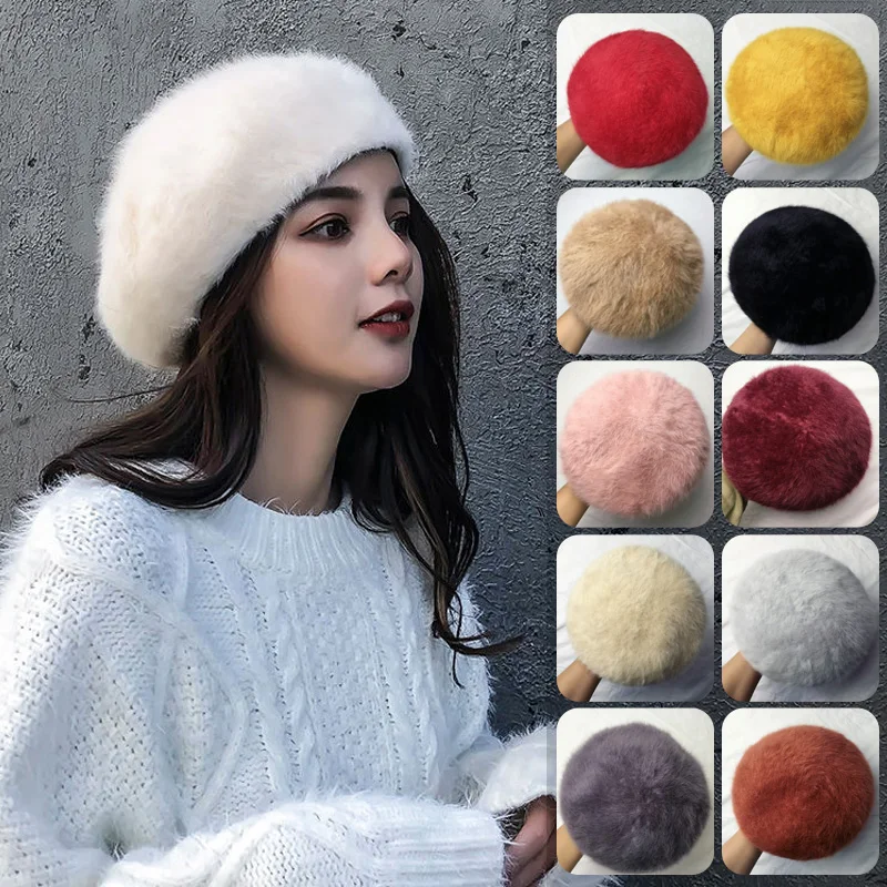 Women Fashion Imitation Mink Plush Beret Hat Autumn Winter Warm Soft Faux Rabbit Fur Caps Casual Painter Cap