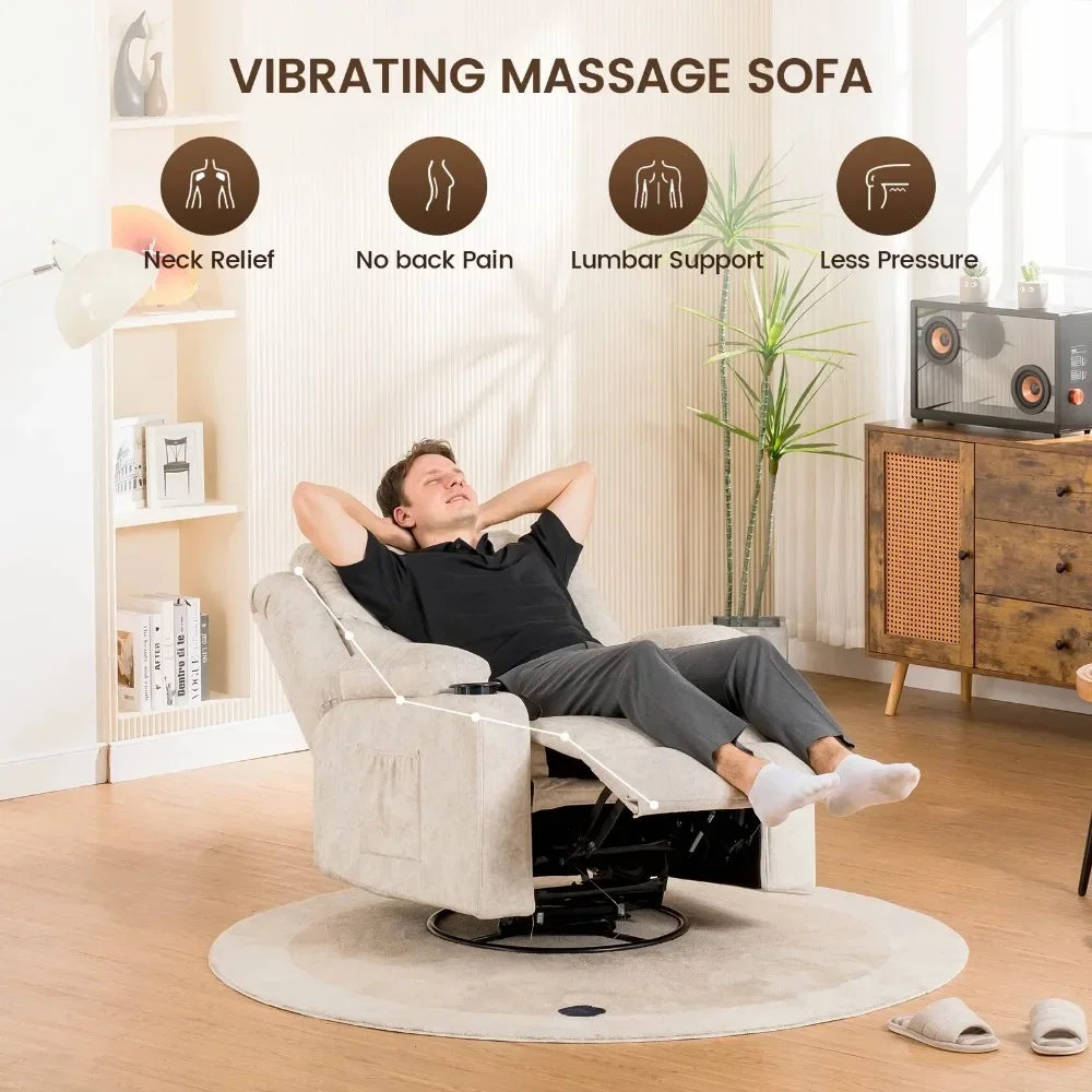 Plush Fabric Swivel Rocker Recliner with Heat, Massage, and Adjustable Footrest, White